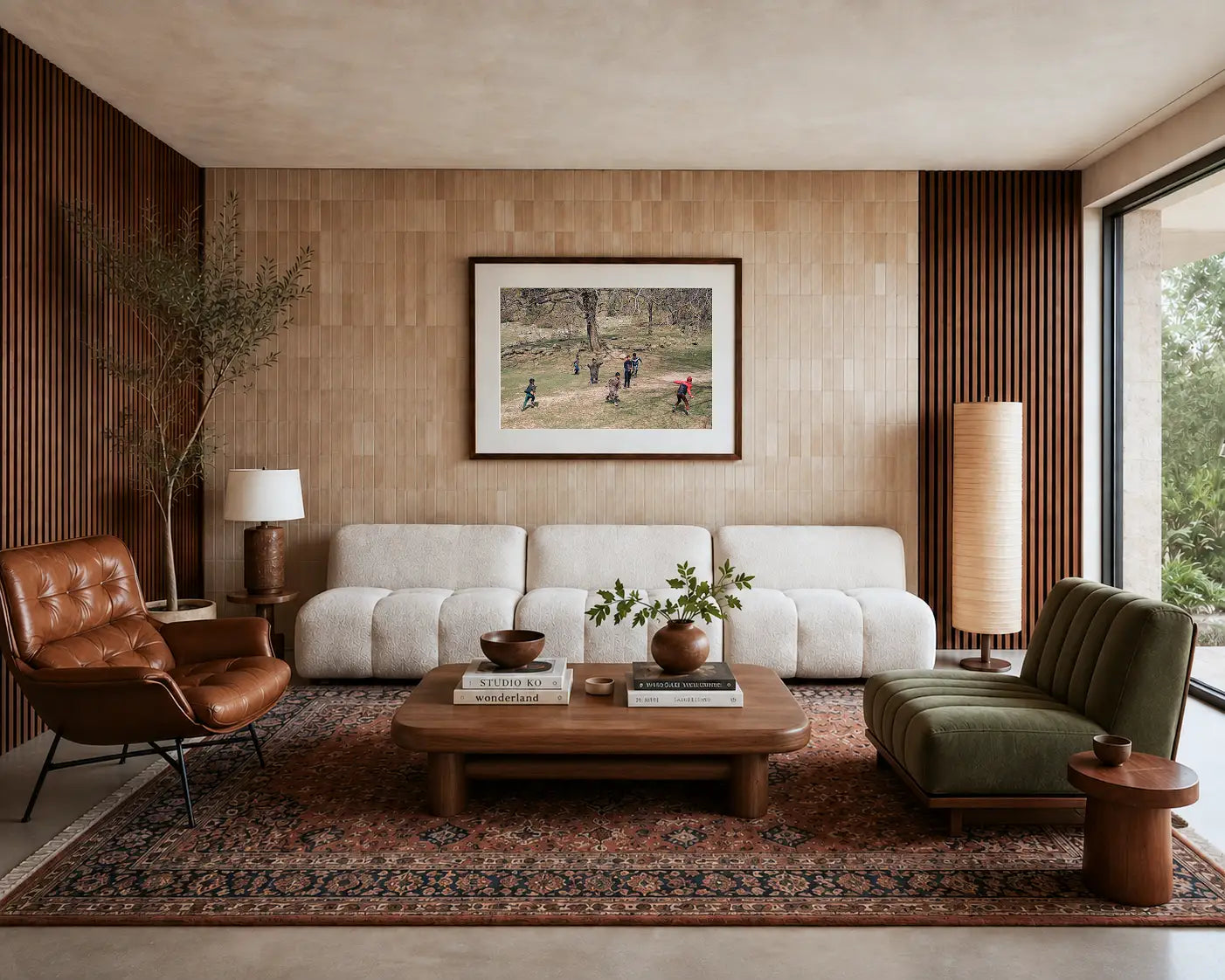 A styled living room interior featuring a cream modular sofa, a brown leather armchair, a green upholstered accent chair, a wooden coffee table, a large patterned rug, and a framed landscape print, of children playing an enthusiastic game of Pitthu under the shade of a tree, surrounded by rocks and greenery in Pahalgam, Srinagar, on a light wood-paneled wall.